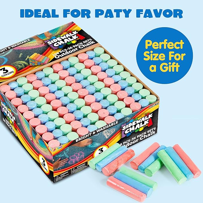 JOYIN 108 PCS Sidewalk Chalk Set in 36 Count, 3 Assorted Colors, Non-Toxic Jumbo Washable Driveway Chalk for Outdoor Art Play, Great Gift Toys for Kids, Classroom