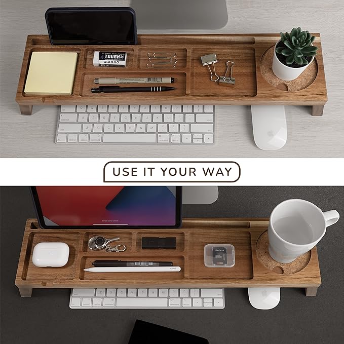 Natural Wood Desk Organizer - Multi-Compartment Wooden Organizers for Home, Office, Cubicle Accessories - Table Caddy for Desktop and Workspace - Pencil Storage Tray