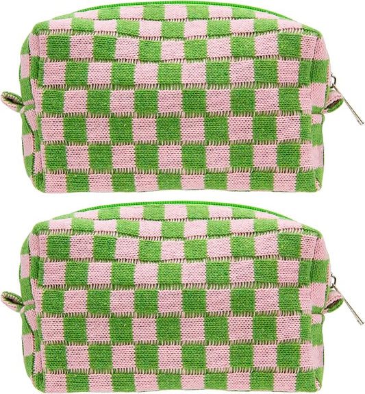 PAZIMIIK 2PCS Checkered Makeup Bag for Purse Portable Zipper Make Up Pouch Small Cosmetic Case for Travel Accessories Pink Green