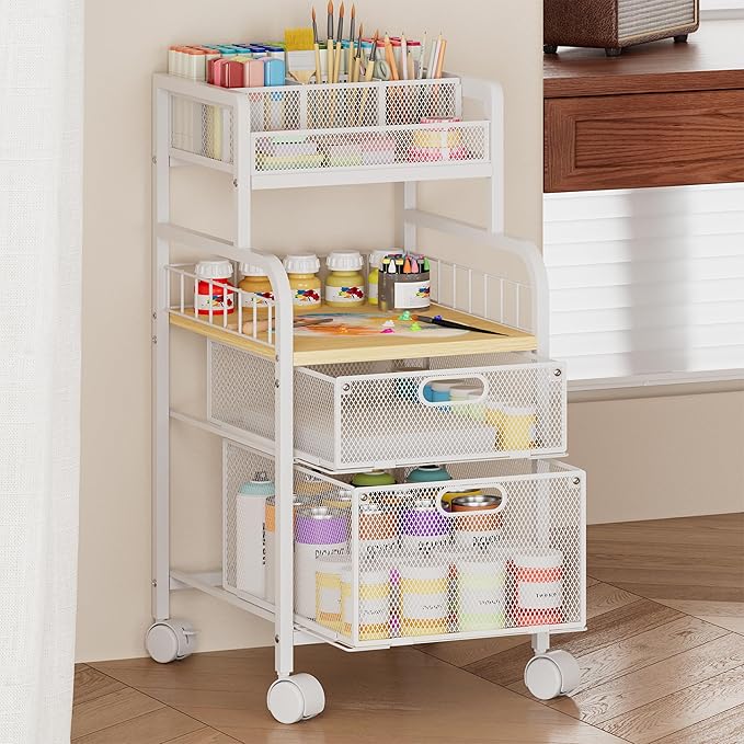 SWTYMIKI Rolling Cart with Drawers - Metal Utility Cart with Wood Shelf, DIY Divider and Locking Wheels, Craft & Art Cart Organizer for Under Desk Storage for Home Office Studio, White