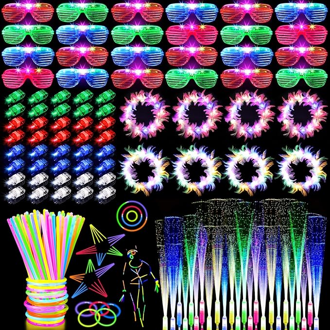 196PCS Glow in the Dark Party Supplies, Light Up Party Favors with 24 LED Glasses, 24 Fiber Optic Wands, 8 Hairbands, 40 Finger Lights,100 Glow Sticks for Kids Adults Neon Party Decorations