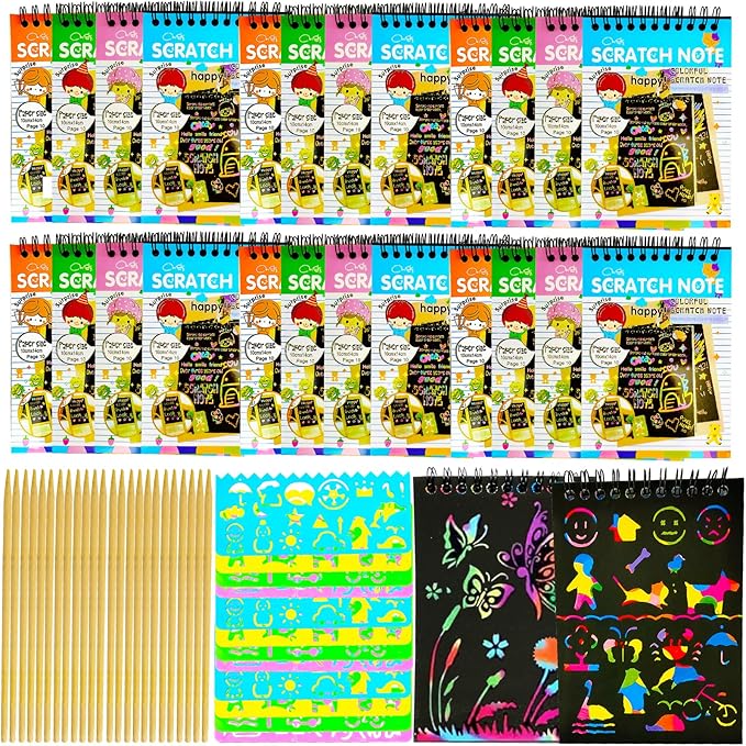 24 Pack Scratch Notebooks,Rainbow Scratch Paper Art Notebooks,Scratch Note Pads for Kids Rainbow Party Favors,Scratch Arts and Crafts Notebooks with 24 Wooden Stylus & 12 Drawing Stencils