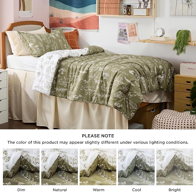 Bedsure Twin/Twin XL Comforter Set - Olive Green Bed Set, 2 Pieces Cute Floral Bedding, 1 Soft Reversible Botanical Flowers Comforter and 1 Pillow Sham
