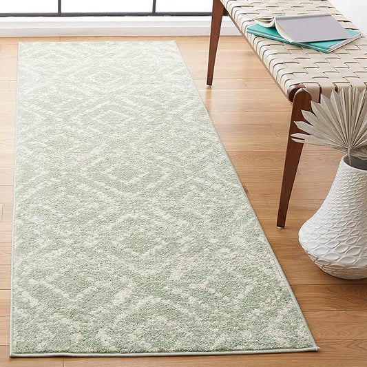 SAFAVIEH Adirondack Collection Runner Rug - 2'6" x 12', Green & Ivory, Modern Diamond Distressed Design, Non-Shedding & Easy Care, Ideal for High Traffic Areas in Living Room, Bedroom (ADR131Y)