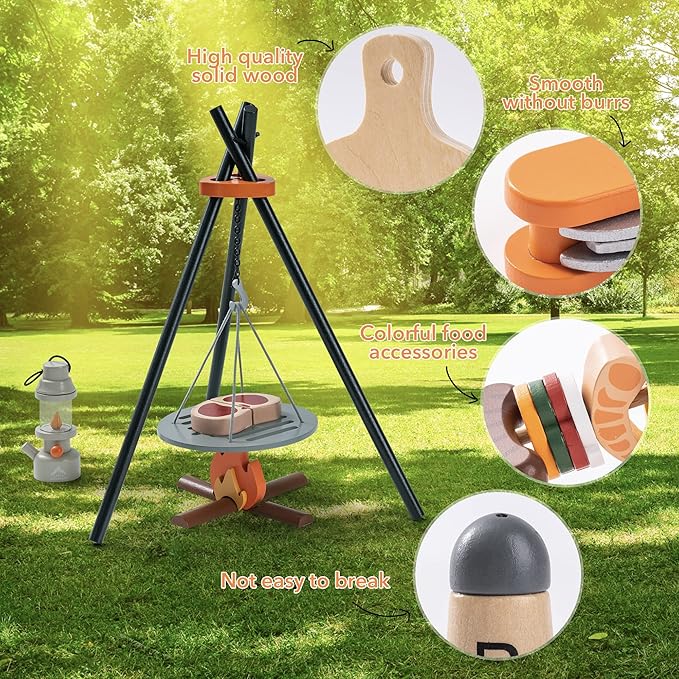 Kids Camping Set 45Pcs with Children’s Shinning Flashlight&Carrying Bag - Outdoor Campfire Toys Set for Toddlers- Cutting Food for Play Kitchen Gear Tools Indoor Outside Boys Girls Birthday Xmas Gifts