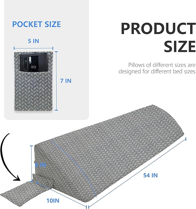 Bed Wedge Pillow for Headboard Gap Bed Mattress Gap Filler (0-8") Between Headboard/Wall and Mattress Grey Full Size Foam Support Triangle Bloster Pillow Stoppers with 2 Pockets