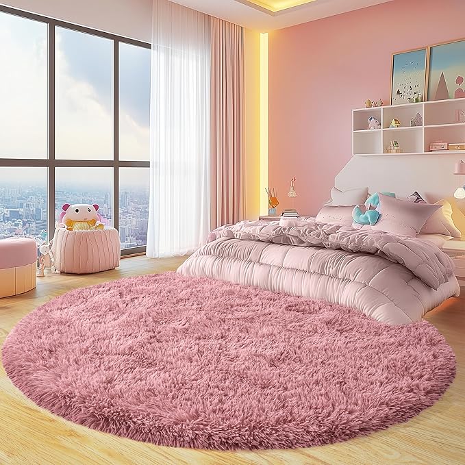 Xexsin Round Fluffy Rugs 6Ft for Girls Bedroom, Blush Pink Shag Circle Kids Rug Non-Slip for Bedside Dorm Nursery Playroom, Soft Cute Area Rugs for Living Room Decor