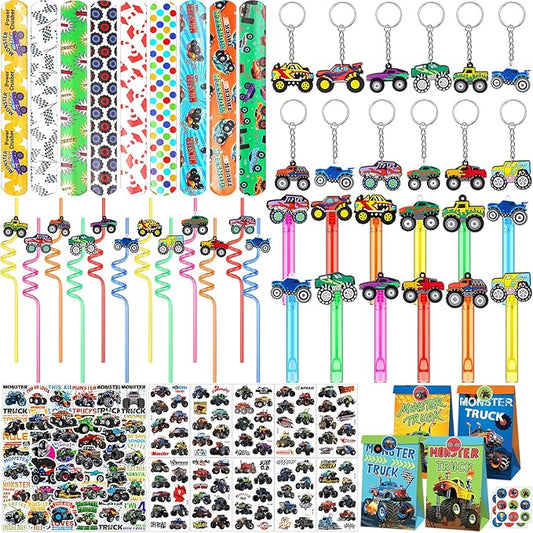 120 Pcs Truck Party Favors Set Include 12 Truck Bubble Wands 12 Slap Bracelets 12 Keychain 12 Truck Gift Bag 12 Truck Stickers 12 Drinking Straw 50 Stickers for Truck Birthday Party Favors