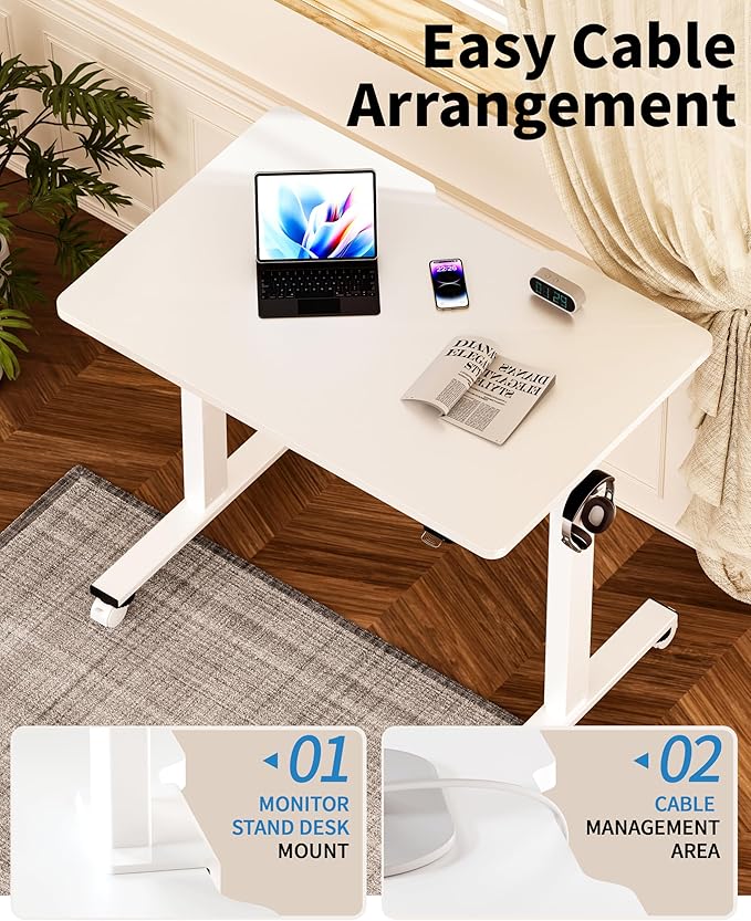 Okin Electric Standing Desk, 40 x 24 Inches Whole Piece Height Adjustable Desk, White Sit to Stand Desks Computer Workstation with Wheels for Home Office