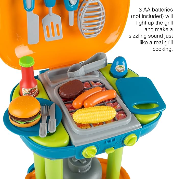 BBQ Grill Toy Set - Interactive Play Kitchen Set with Lights and Sounds, Wheels, Toy Food, and Cooking Accessories by Hey! Play!