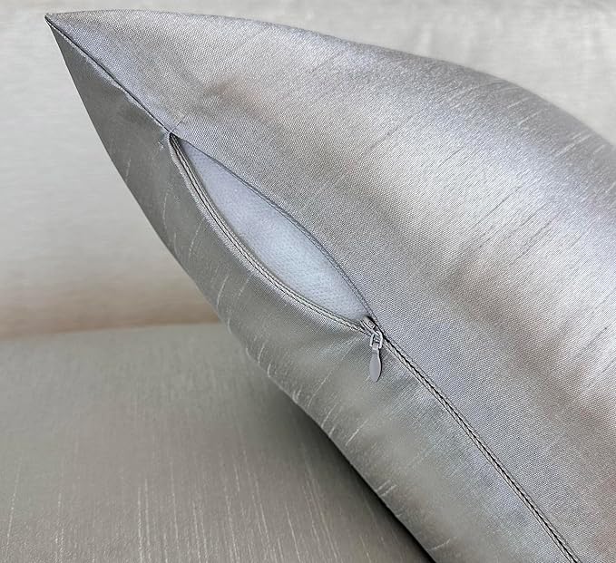 Aiking Home Collection 18x18 Inches Faux Silk Square Throw Pillow Cover, Zipper Closure, Silver (Set of 2)
