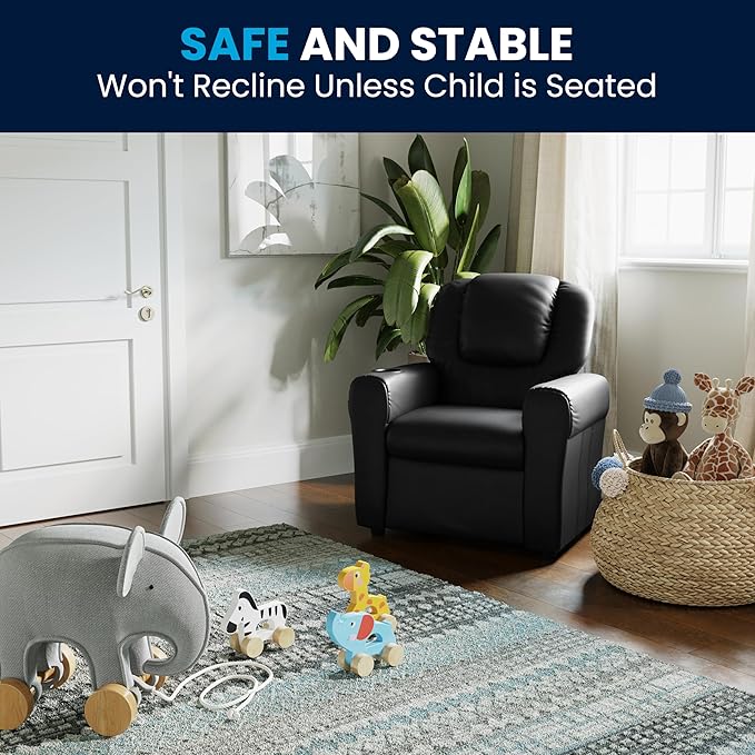 Flash Furniture Vana LeatherSoft Kids Recliner with Cup Holder, Headrest, and Safety Recline, Contemporary Reclining Chair for Kids, Supports up to 90 lbs., Black