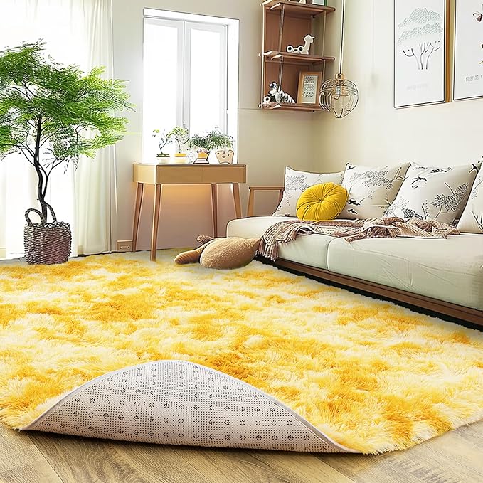 Xexsin Ultra Fluffy Area Rugs for Living Room Bedroom, 6x9 Fuzzy Large Living Room Rugs, Thick Shag Rug for Dorm, Soft Non Slip Kids Girls Boys Rug for Home Decor Aesthetic, Tie-Dyed Yellow
