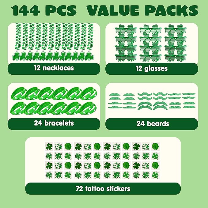 JOYIN 144 PCS St. Patrick's Day Dressing-up Accessories Set Party Favor with 12 Green Shamrock Eyeglasses 12 Beaded Necklace 72 Temporary Tattoos 24 Mustache 24 bracelets