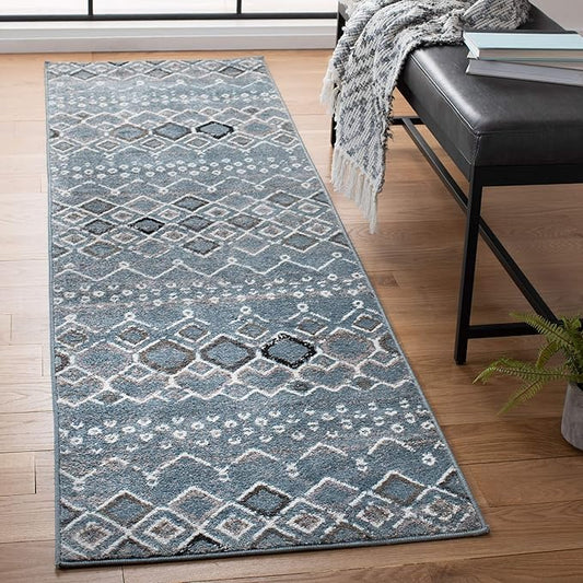 SAFAVIEH Amsterdam Collection Runner Rug - 2'3" x 10', Blue & Ivory, Moroccan Boho Design, Non-Shedding & Easy Care, Ideal for High Traffic Areas in Living Room, Bedroom (AMS108L)