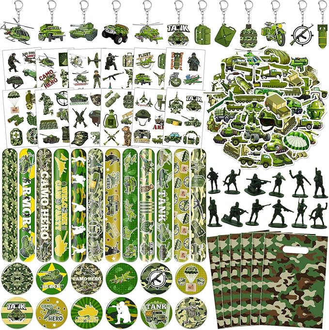 122 PCS Army Party Favors, Military Camo Temporary Tattoos Slap Bracelets Keychains Stickers Badges Goodie Bags Soldiers Figures for Army Birthday Party Decorations Gifts for Kids Classroom Rewards