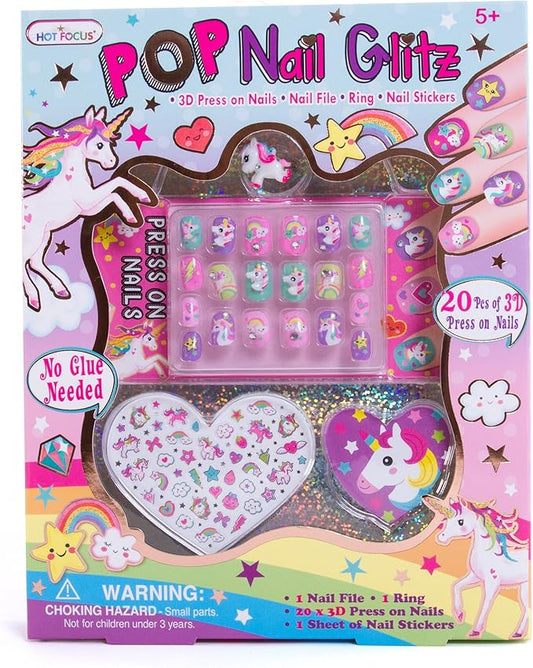 Hot Focus Unicorn Nail Art Kit - 3D Press On Nails, Stickers, File & Ring - 65 Piece Set for Girls 5+