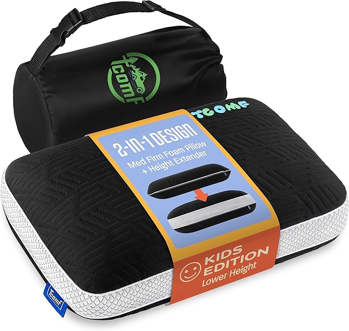 TCOMF Kids Camping Pillow: Dual-Cover Memory Foam Small Pillow; Medium-Firm Camp Pillow | Mini Pillow w/ 5 Layers for Comfort and Support; Small Travel Pillow/Compact Pillow 10x16 Inches (Black)