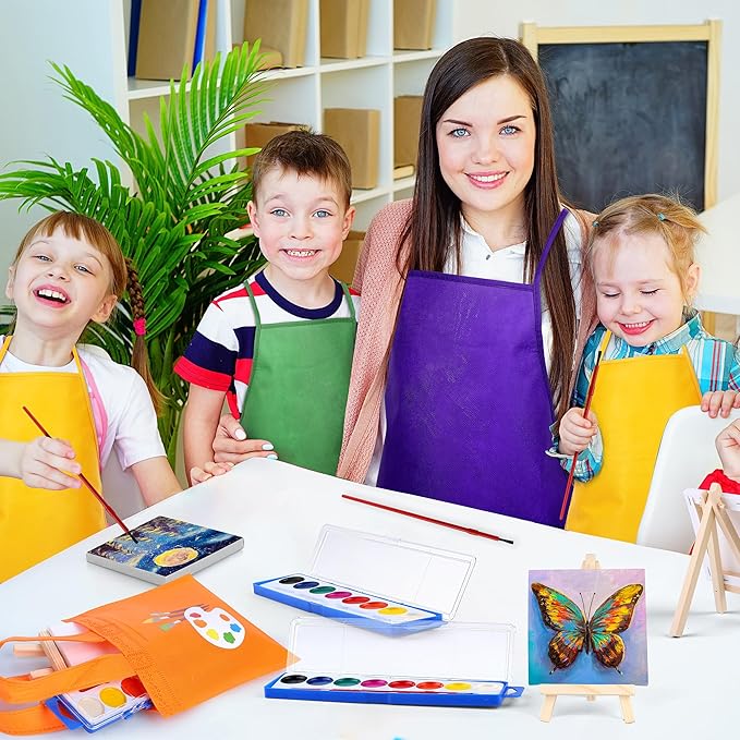 Aodaer 48 Pieces Valentine's Day Gift Mini Watercolor Paint Set Include 12 Set Colors Watercolor Paints Strip Palette Wooden Canvas Easels Canvas Tote Bags Aprons for Art Beginner Painting Supplies