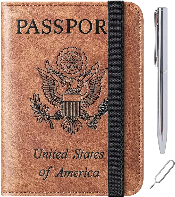 Passport Holder Cover Wallet Travel Essentials Leather Rfid Blocking Case Vacation Luggage Must Haves Travel Accessories for Men Women (116#Brown)