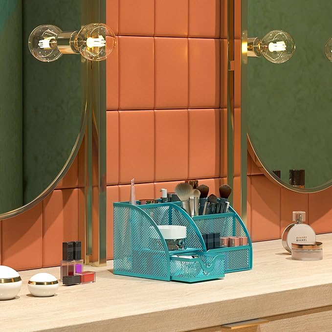 EasyPAG Mesh Desk Organizer with Drawer Multi-Functional Pen Holder Stationery Organizer for Office School Supplies 6 Compartments Dorm Organizers and Storage for Desk, Blue