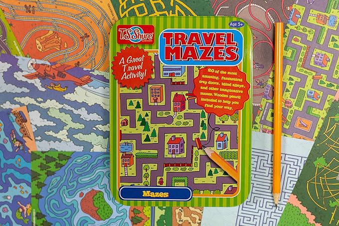 Bendon TS Shure Travel Games Mazes Mini Activity Tin with 20 Illustrated Activity Sheets and Pencil and Tin 50438