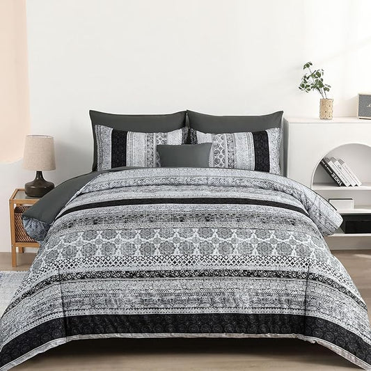 Cottolester Boho Queen Size Comforter Set 8 Pieces,Gray Bohemian Striped Bed in a Bag,Floral Soft Microfiber Bedding Comforter Set