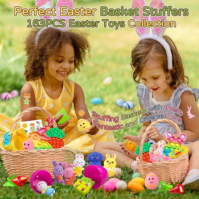 163PCS Easter Toys For Party Favors, Easter Basket Stuffers, Easter Gifts for Kids, Easter Pinata Basket Fillers Classroom Prize Treasure Box