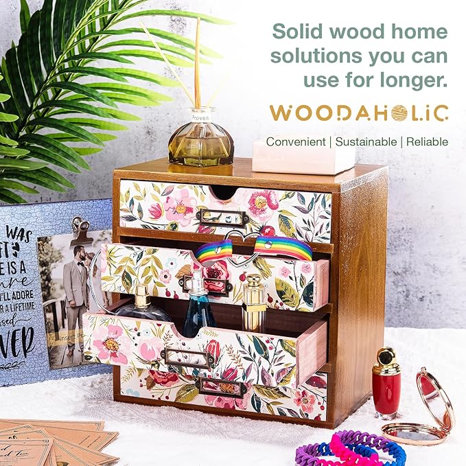 4-Drawer Vintage Desk Wood Storage Box With Drawers in Floral Chintz - Wooden Table Organizer I End Clutter & Dullness, Personalize Your Workspace - Beautiful Flower Design for Office & Home