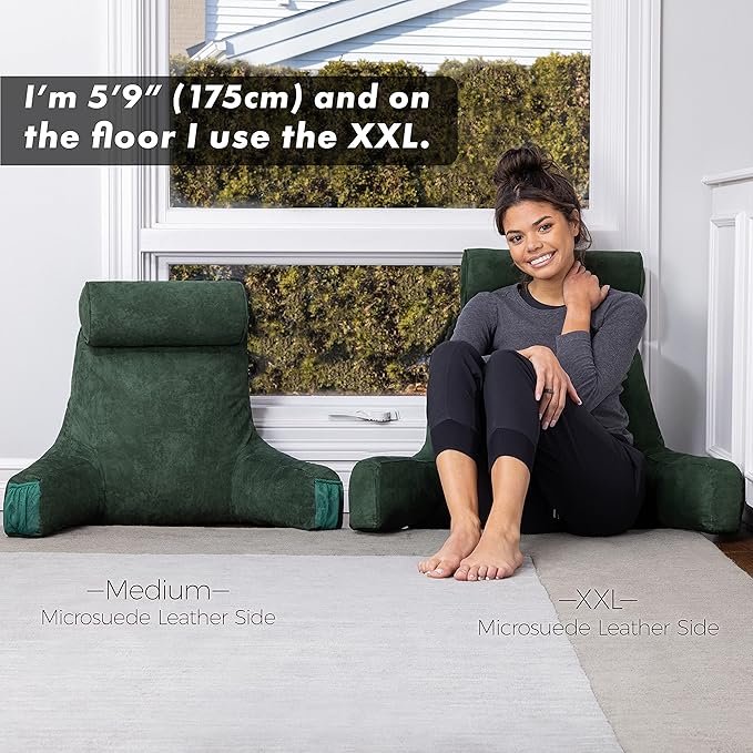 Husband Pillow Medium Aspen Edition Ramona Green, Sit Up Reading & Bed Rest with Arms, Ultra-Comfy, Detach Neck Roll - Premium Shredded Memory Foam Backrest, Reverses to Micro: Suede or Plush