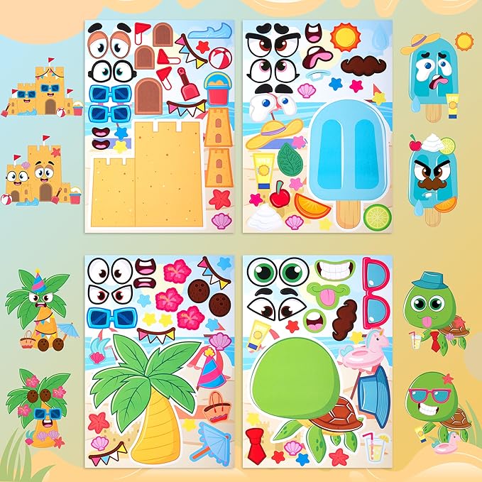 JOYIN 36 Pcs 9"x6" Summer Scene Make a face Stickers for Kids, Make Your Own Summer Sticker Sheets, Party Favors Kids Crafts, Goodie Bags Stuffers, Classroom Rewards