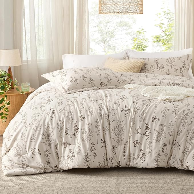 Bedsure Full Comforter Set - Beige Bed Set, 3 Pieces Cute Floral Bedding, 1 Soft Botanical Flowers Comforter and 2 Pillow Shams