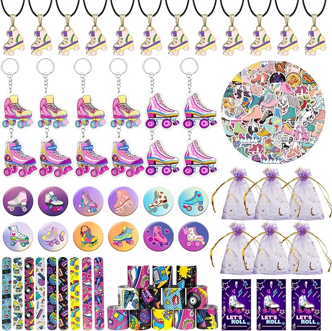 122 PCS Roller Skate Party Favors Skating Party Supplies with Key Chains Button Pins Stickers Rubber Bracelets for Hip Hop Disco 80s 90s Themed Party (style 2)