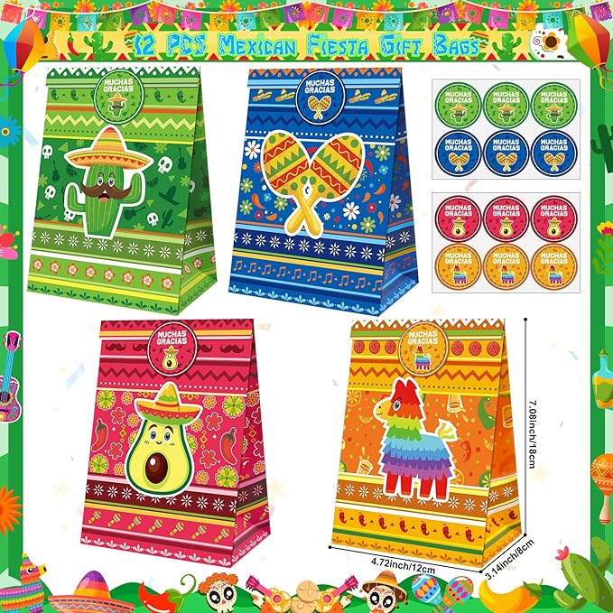Erweicet Fiesta Party Favors 84 PCS Fiesta Mexican Theme Slap Bracelets DIY Stickers Tattoo Stickers Keychains Straws Gift Bags for Cinco De Mayo Theme Birthday Party Baby Shower