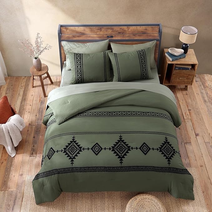 MaiRêve Embroidery Comforter Set, Boho Farmhouse Western Bedding Set, All Season Bed in A Bag Comforter Set with Sheets, Pillowcases & Shams, Olive Green California King 7 Pieces