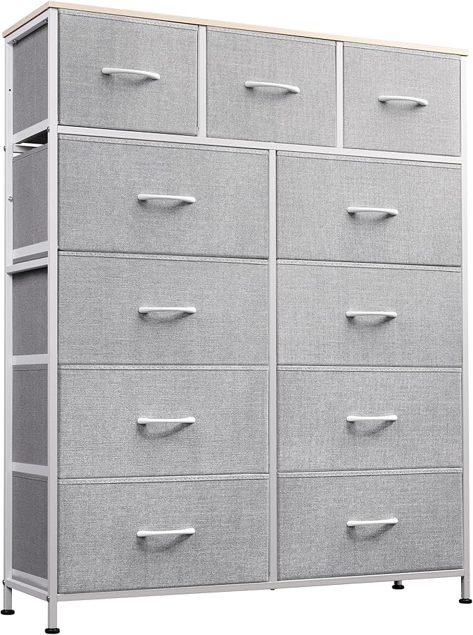 WLIVE Storage Organizer Unit with 11 Fabric Bins, Storage Drawers Organizer with Steel Frame, Tall Storage Tower Organizaton for Living Room, Hallway, Office, Light Grey