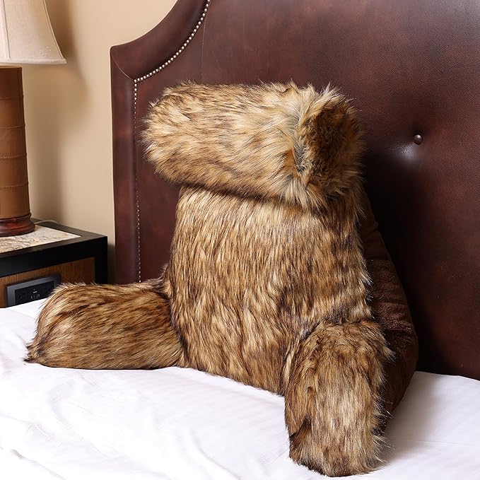 Husband Pillow Medium Limited Baby Brown Bear Fabulous Faux Fur Backrest, 2-Tone Reversible Double Sided Reading & Bed Rest Pillow with Arms & Neck Roll, Adjustable Memory Foam - Extremely Comfy