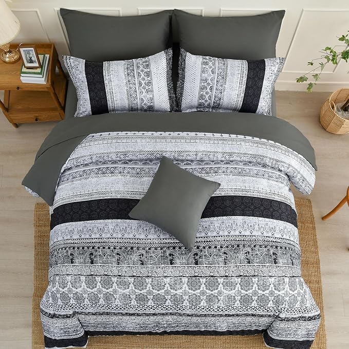 Cottolester Boho King Size Comforter Set 8 Pieces,Gray Bohemian Striped Bed in a Bag,Floral Soft Microfiber Bedding Comforter Set