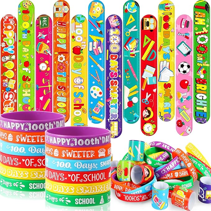 JUNEBRUSHS 100 Days of School Silicone Slap Bracelets, 50 Pcs Rubber Bracelets Snap Wristbands Happy 100th Day of School Party Favors Supplies Classroom Student Rewards