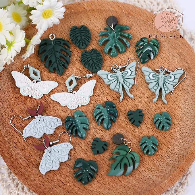 Puocaon Monstera Polymer Clay Cutters - 20 Leaves Clay Cutters for Polymer Clay Earrings Making, Tropical Leaf Clay Jewelry Cutters, Embossed Leaves Clay Cutters for Earrings, Monstera Clay Cutters