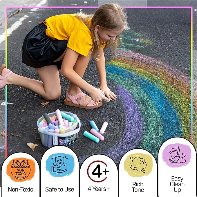 Loddie Doddie 50ct Sidewalk Chalk for Kids - 12 Colors Non-Toxic Jumbo Sticks in Reusable Bucket - Easy Clean Up for Fun & Creativity