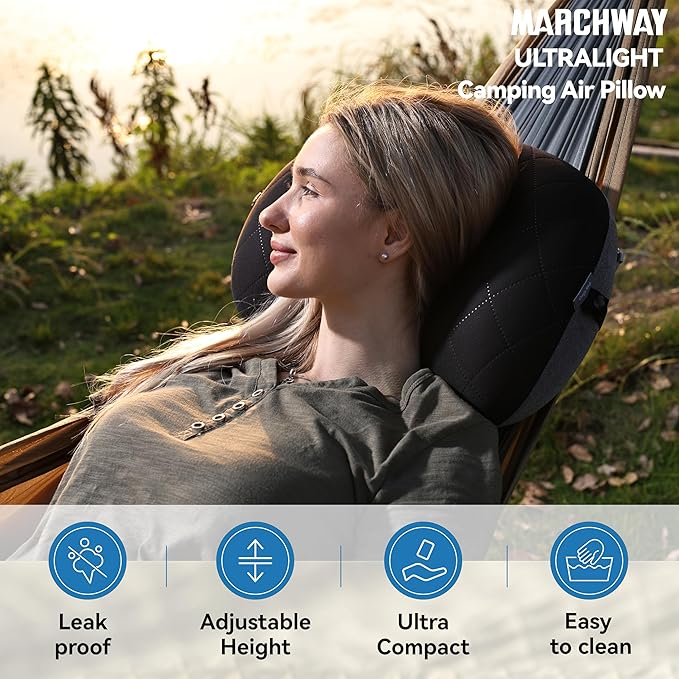 MARCHWAY Ultralight Inflatable Camping Pillow with Soft Washable Cover, Compact Compressible Portable Travel Air Pillow for Outdoor Camp, Sport, Hiking, Backpacking Sleep (Black)