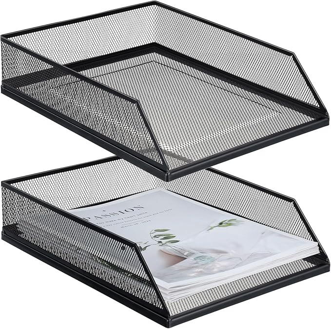 Hicarer 2 Pcs Black Metal Letter Tray Stackable Desk Tray Single Wire Mesh Organizer Front Load File Paper Holder for Desktop Office Home School Classroom (12.8 x 9.84 Inch)