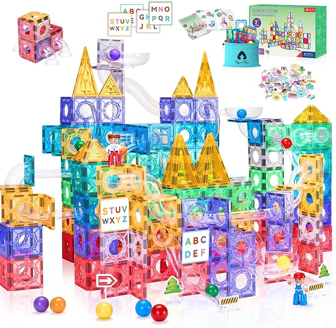 171 PCS Magnetic Tiles and Marble Run Set, Magnet Building Race Track Toys with Learning Card and Storage Bag for Kids, STEM Educational Blocks for Boys Girls Ages 3 4 5 6 7 8+ Birthday Gifts