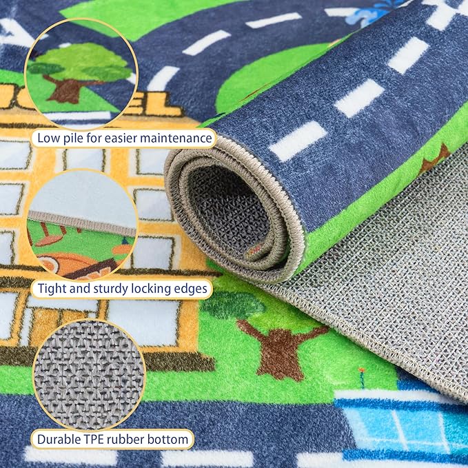Kids Room Rug - Soft & Non-Slip 9x12 Ft Town Car Rug City Map Play Mat, Childrens Road Catpet Washable Rug for Classroom Nursery Bedroom Boys