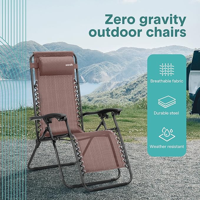 SereneLife Outdoor Zero Gravity Lounge Chair Set with Table – 2 Adjustable Recliners with Cup Holders, Headrest, Steel Frame & Foldable Design for Patio, Pool, Garden, or Camping