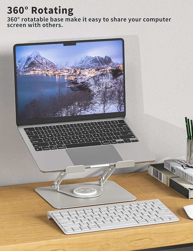 ALASHI Laptop Stand for Desk with 360° Rotating Base, Multi-Angle Adjustable Laptop Stands, Foldable Laptop Riser Compatible with 10 to 15.6 Inches PC Computer, Silver