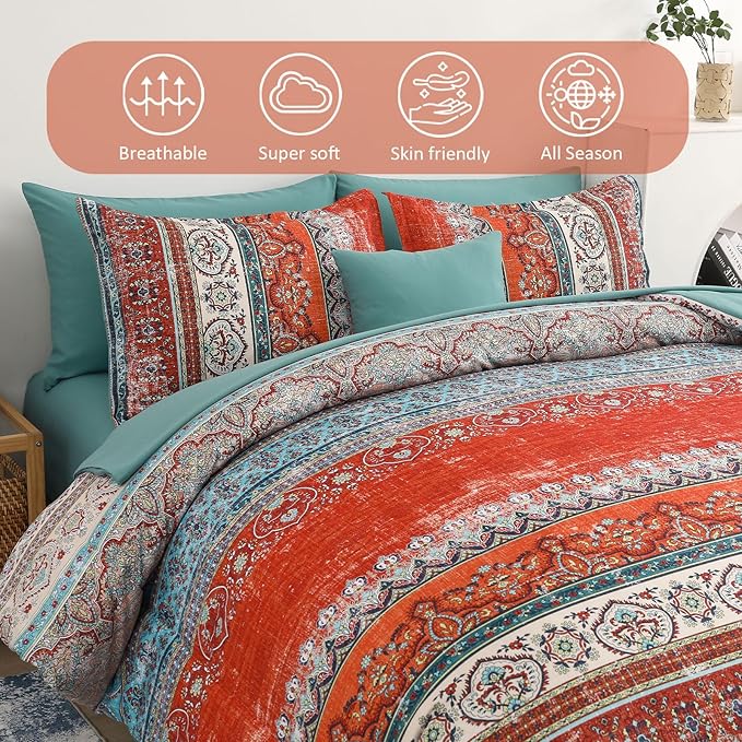 Cottolester Boho King Size Comforter Set 8 Pieces,Terracotta Comforter Bohemian Striped Bed in A Bag, Soft Microfiber Bedding Set for All Seasons