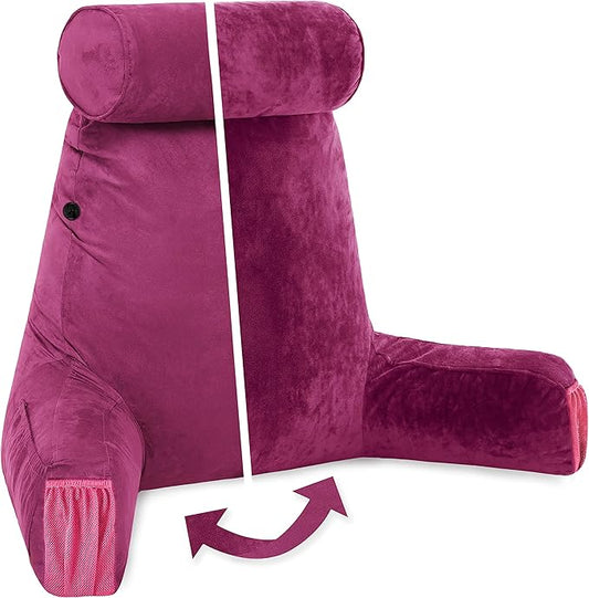 Husband Pillow Medium - Reading Bed Pillow with Arms - Premium Shredded Memory Foam Bed Pillow for Sitting Up - Aspen Edition Sldig Raspberry - Reversible 2 Sided Cover with Plush Microfiber and Suede