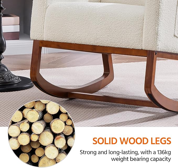 Yaheetech Upholstered Rocking Chair, Boucle Glider Chair Nursery Chair with High Back and Side Pocket, Rocking Accent Armchair with Rubber Wood Legs for Living Room/Bedroom/Nursery, Ivory